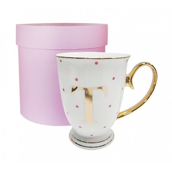 Kubek z literką T w groszki w kolorze fuksji