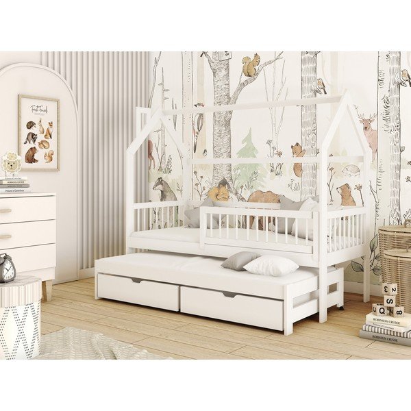 Białe łóżko dziecięce z drewna sosnowego w kształcie domku ze schowkiem 90x200 cm Papi – Lano Meble-image-1