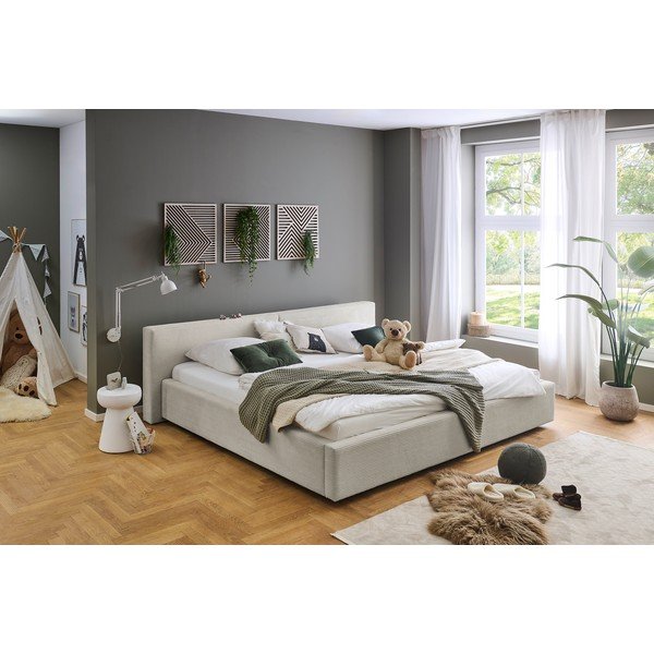 Beżowe tapicerowane łóżko dwuosobowe ze schowkiem ze stelażem 200x240 cm Cube – Meise Möbel-image-1