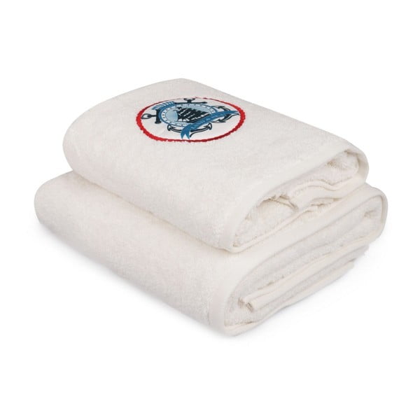 Komplet białego ręcznika i białego ręcznika kąpielowego z kolorowym detalem Land & Sea