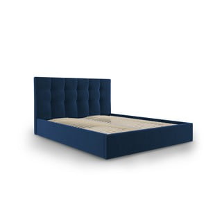 Ciemnoniebieske tapicerowane łóżko dwuosobowe ze schowkiem ze stelażem 140x200 cm Nerin – Mazzini Beds