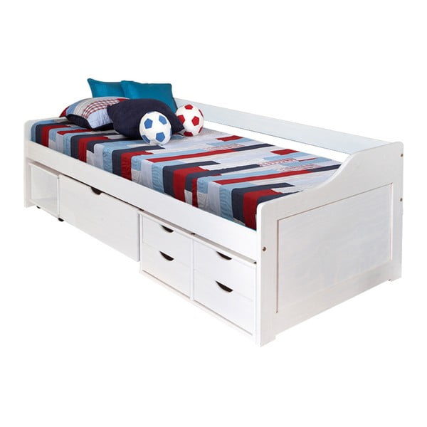 Białe drewniane łóżko jednoosobowe ze schowkiem 13Casa Tetris, 90x200 cm