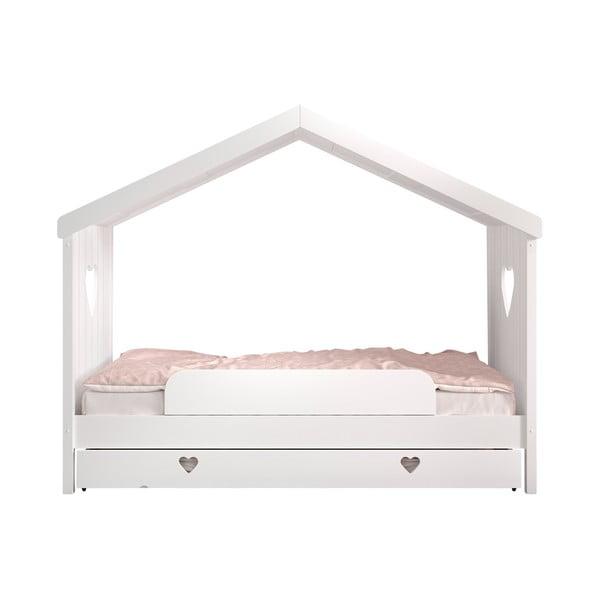 Białe łóżko dziecięce z litego drewna sosnowego w kształcie domku z wysuwanym łóżkiem ze schowkiem 90x200 cm AMORI – Vipack