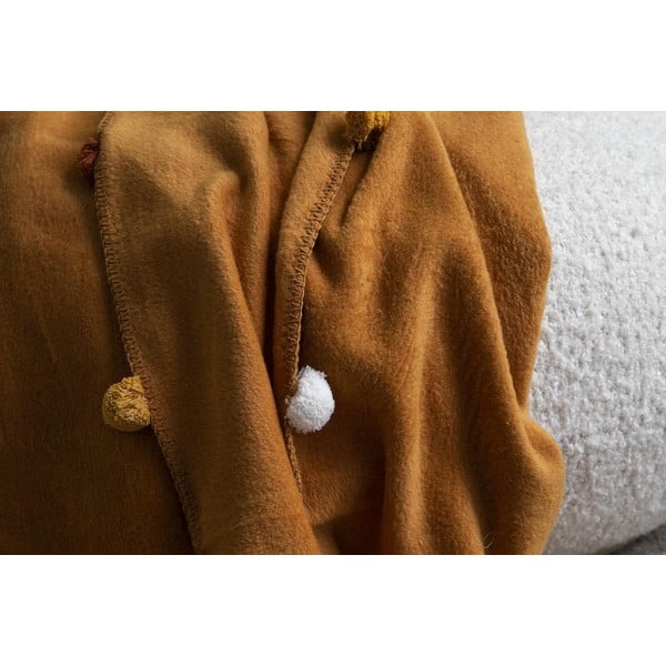 Musztardowa polarowa narzuta 150x200 cm Pom Pom – Mijolnir-image-2