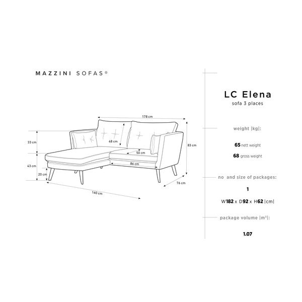 Jasnoszara sofa 3-osobowa Mazzini Sofas Elena, z szezlongiem po lewej stronie-image-2