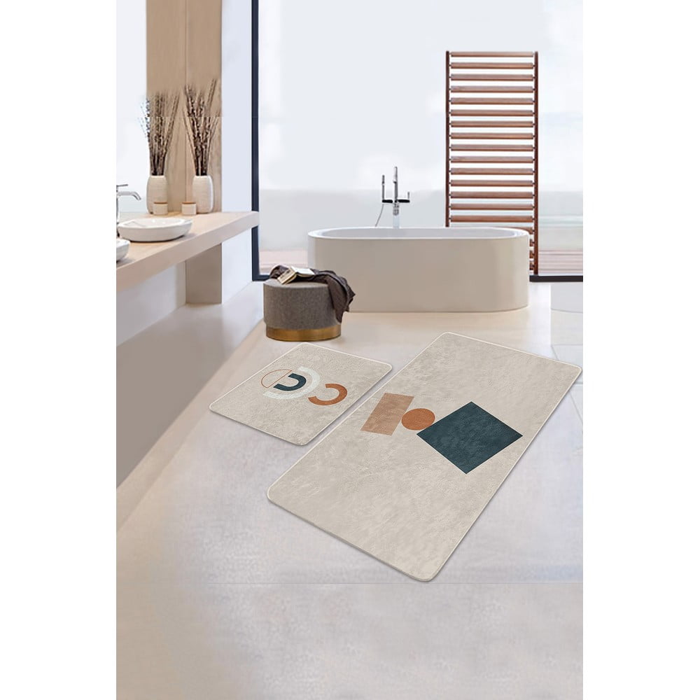 Beżowe aksamitne dywaniki łazienkowe zestaw 2 szt. 60x100 cm Geometry Shapes – Mila Home (zdjęcie 5)