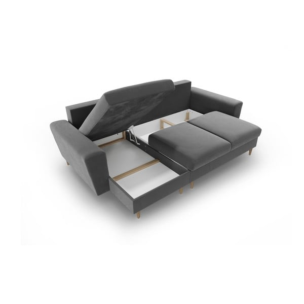 Jasnoszary aksamitny rozkładany narożnik ze schowkiem Kyoto – Cosmopolitan Design-image-3