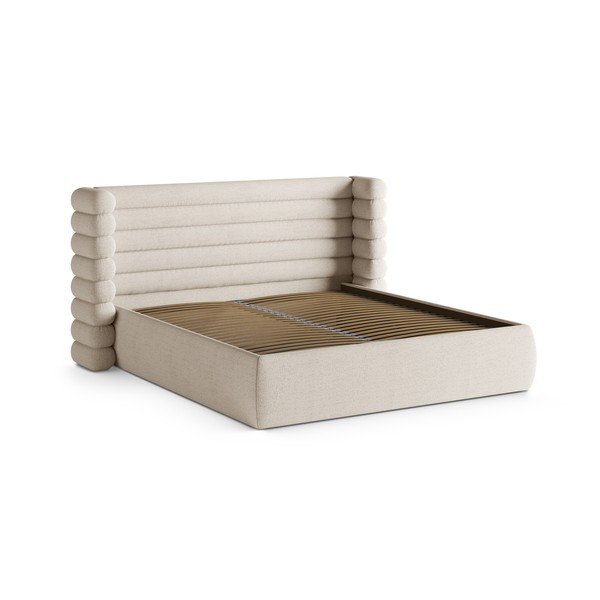 Beżowe tapicerowane łóżko dwuosobowe ze schowkiem i stelażem 200x200 cm Mount – Micadoni -image-3