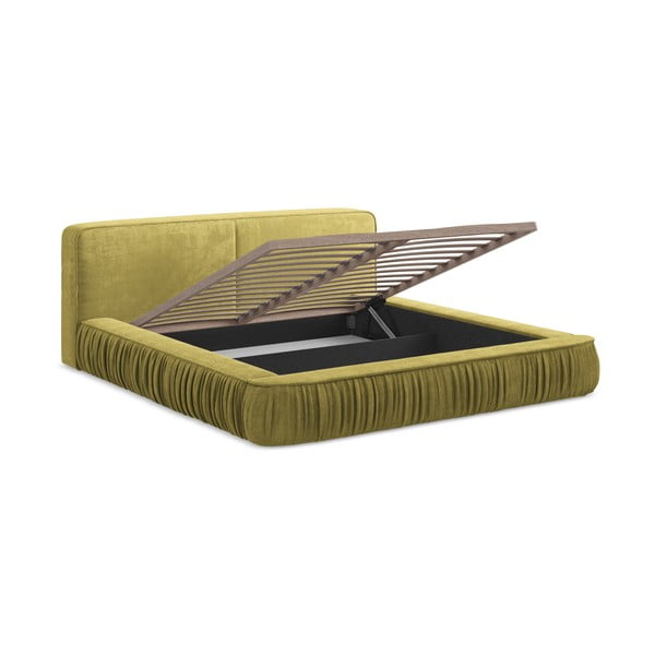 Żółte tapicerowane łóżko dwuosobowe ze schowkiem i stelażem 160x200 cm Keoni – Makamii-image-4