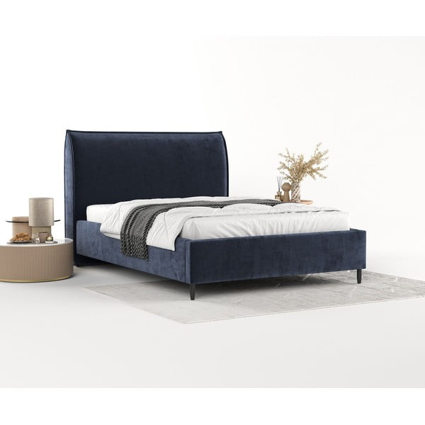 Ciemnoniebieskie tapicerowane łóżko dwuosobowe ze schowkiem i stelażem 160x200 cm Shell – Maison de Rêve-image-1