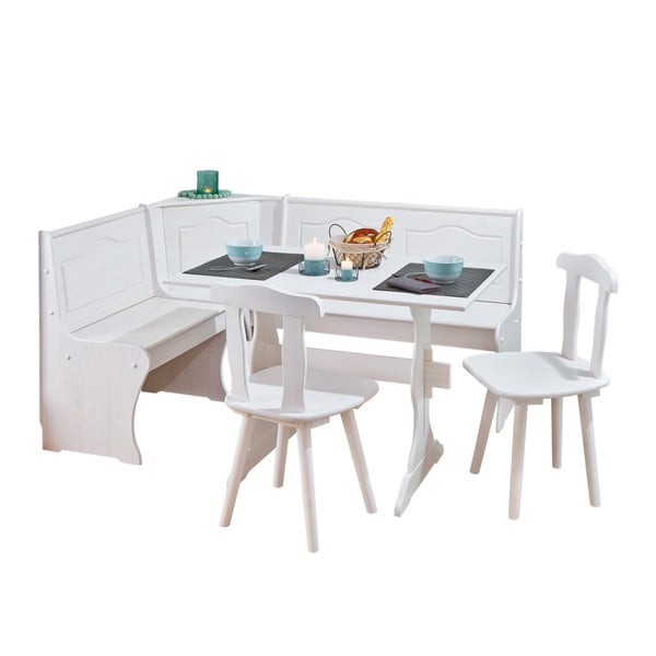 Komplet białej narożnej ławki, stołu i 2 krzeseł do jadalni Interlink Donau