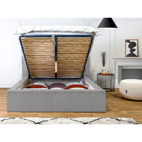 Jasnoszare tapicerowane łóżko dwuosobowe ze schowkiem i stelażem 160x200 cm Nihad – Bobochic Paris-image-4