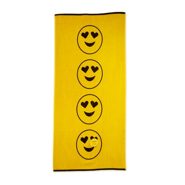 Żółty bawełniany ręcznik plażowy Bergner Emoticon, 75x150 cm