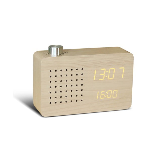 Beżowy budzik z żółtym wyświetlaczem LED i radiem Gingko Radio Click Clock