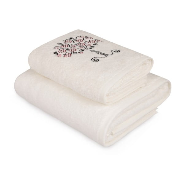 Komplet białego ręcznika i białego ręcznika kąpielowego z kolorowym detalem Arbre