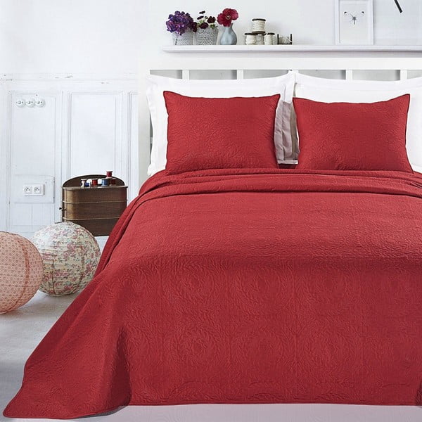 Czerwona narzuta z poszewką na poduszkę z mikrowłókna DecoKing Elodie, 170x210 cm
