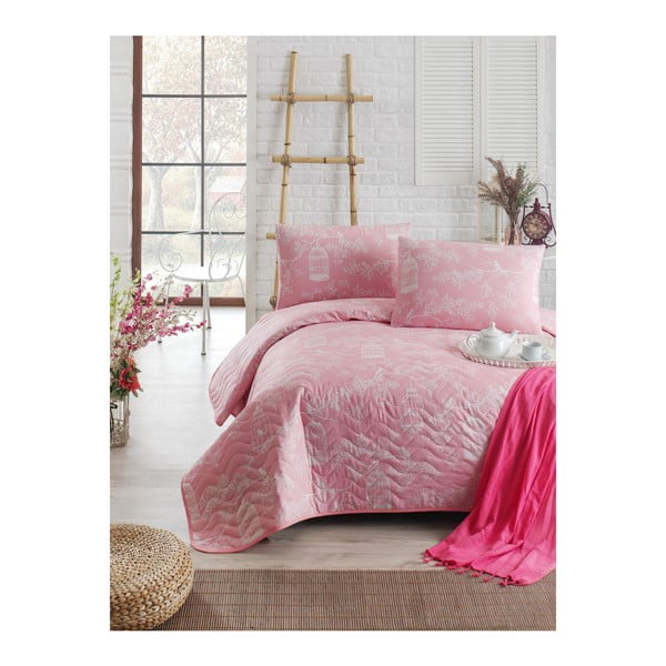 Różowa lekka narzuta pikowana z poszewką na poduszkę Pretty, 160x220 cm
