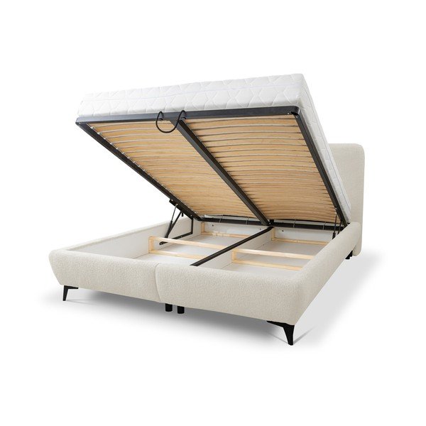 Beżowe tapicerowane łóżko dwuosobowe ze stelażem i schowkiem 140x200 cm Makapu – Makamii-image-1