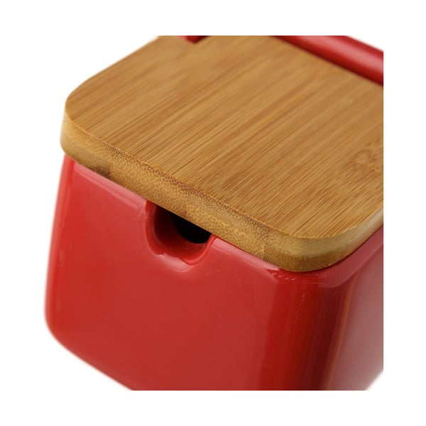 Czerwony pojemnik kamionkowy na sól z bambusowym wieczkiem Casa Selección 250 ml-image-3