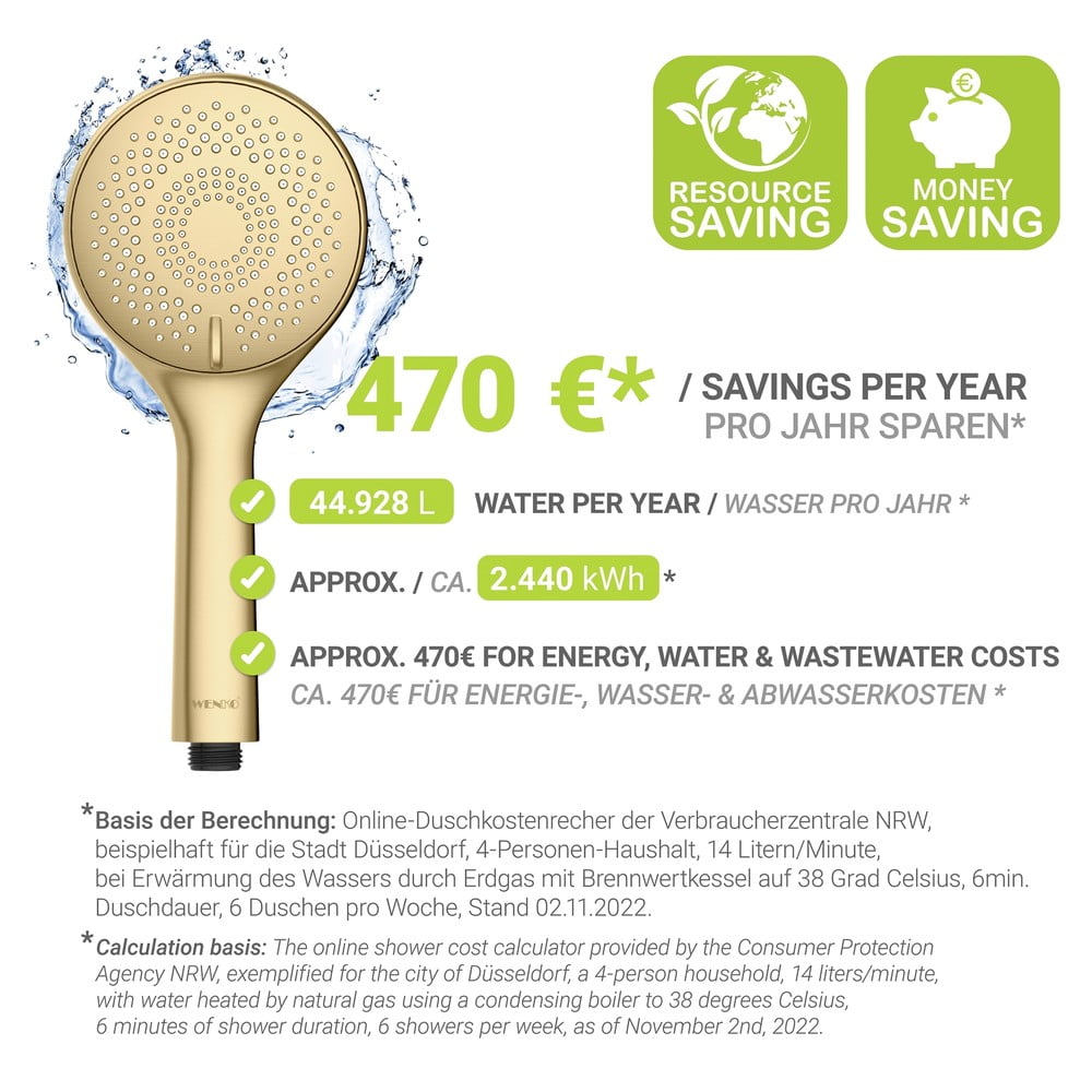 Plastikowa słuchawka prysznicowa z funkcją oszczędzania wody w kolorze matowego złota ø 11 cm Watersaving System – Wenko (zdjęcie 6)