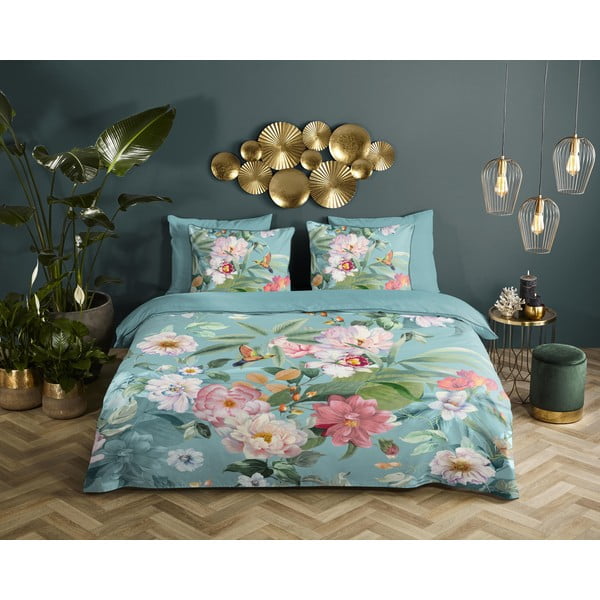 Niebieska pościel jednoosobowa z satyny bawełnianej 140x220 cm Fungi – Descanso-image-1