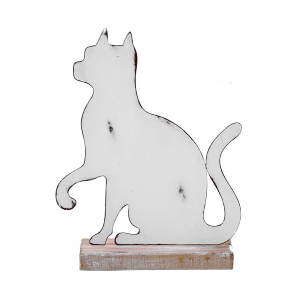 Mała biała dekoracja metalowa na drewnianej podstawce z motywem kotka Ego Dekor, 15x19,5 cm