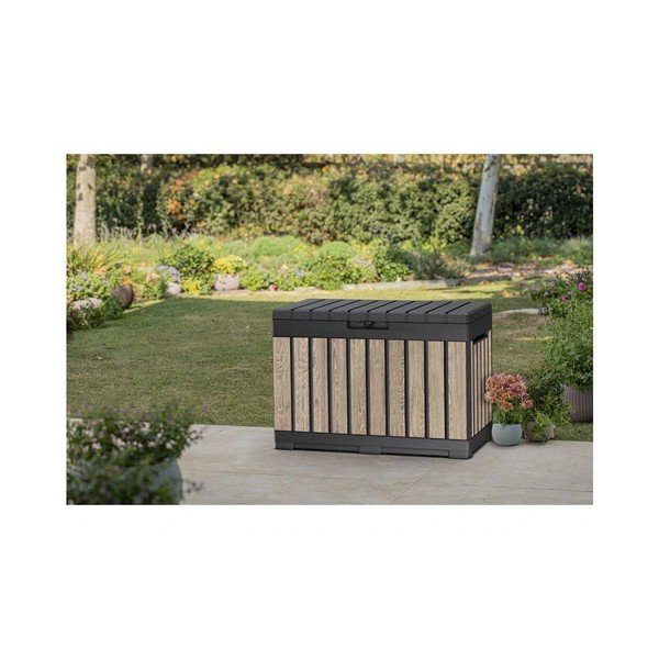 Czarna/w jasnym naturalnym kolorze plastikowa skrzynia ogrodowa Deco Kentwood Ashwood – Keter-image-1