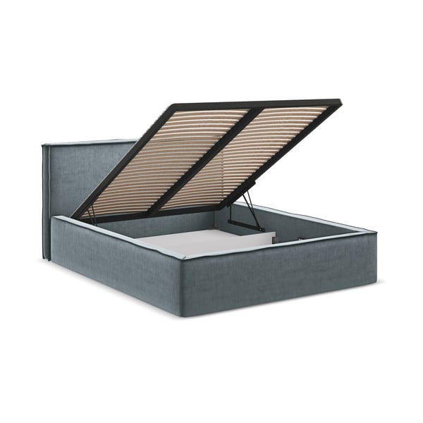 Jasnoniebieskie tapicerowane łóżko dwuosobowe ze schowkiem i stelażem 160x200 cm Anani – Makamii-image-3