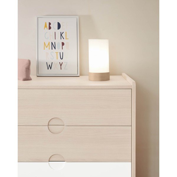 Biało-naturalna lampa stołowa z litego drewna bukowego z tekstylnym kloszem (wysokość 26 cm) Slat – Kave Home-image-1