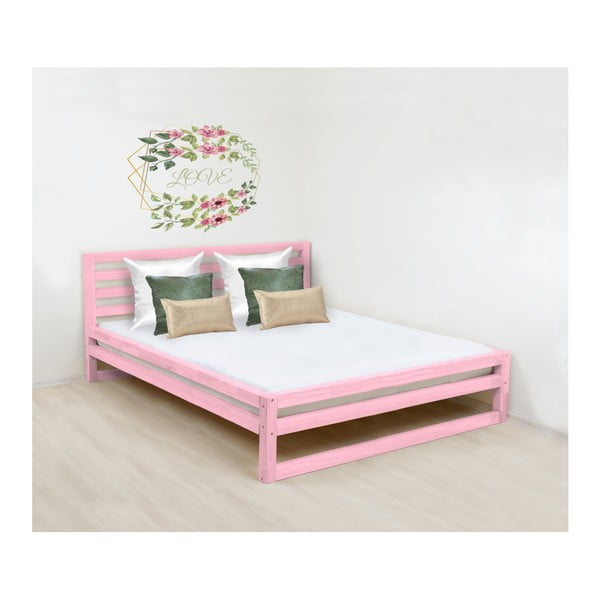 Różowe drewniane łóżko 2-osobowe Benlemi DeLuxe, 200x200 cm