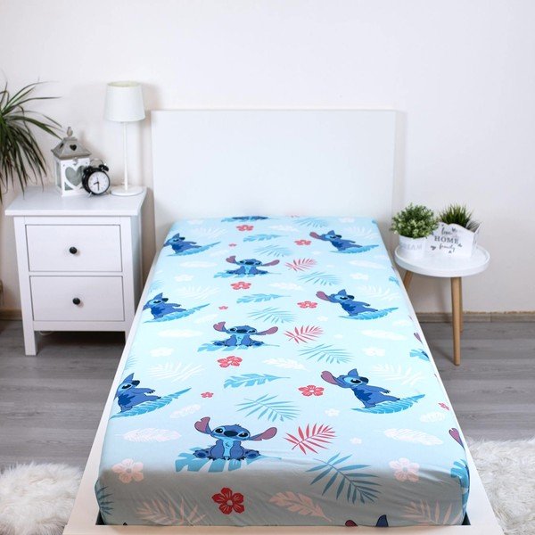 Niebieskie bawełniane prześcieradło dziecięce jednoosobowe z gumką 90x200 cm Lilo & Stitch "Blue" – Jerry Fabrics-image-1