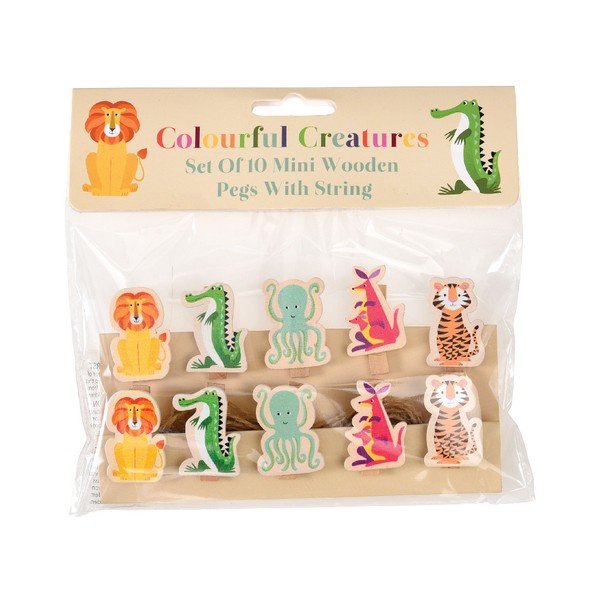 Komplet 10 ozdobnych drewnianych klamerek Rex London Creatures