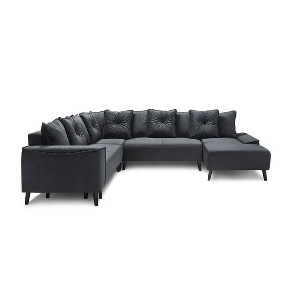 Szara aksamitna sofa rozkładana w kształcie U Bobochic Paris Panoramique XXL Hera Bis, prawostronna