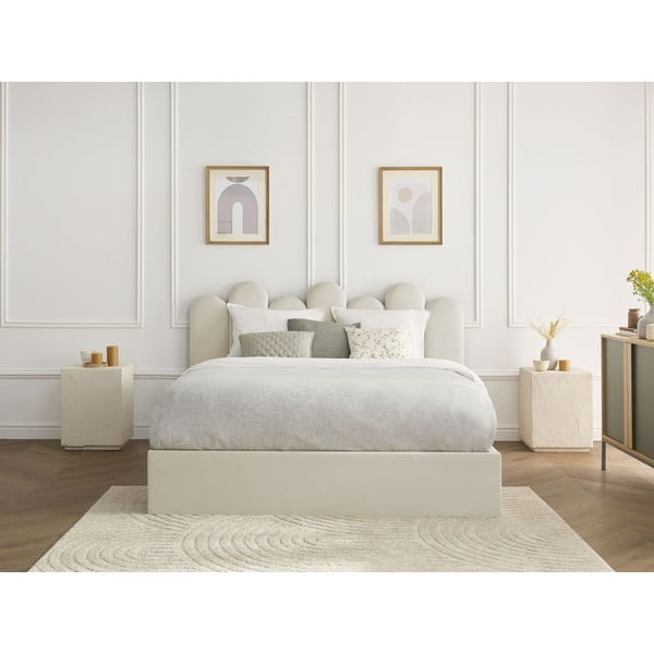 Beżowe tapicerowane łóżko dwuosobowe ze schowkiem i stelażem 160x200 cm Badja – Bobochic Paris-image-1