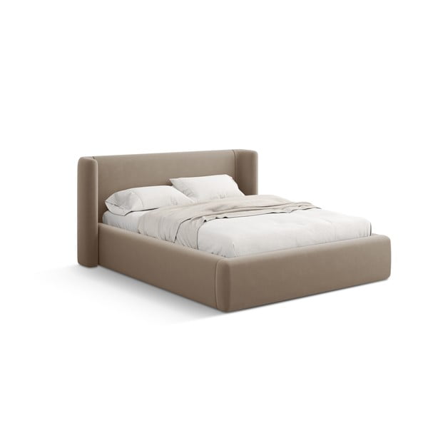 Jasnobrązowe tapicerowane łóżko dwuosobowe ze schowkiem ze stelażem 200x200 cm Jason – Windsor & Co Sofas