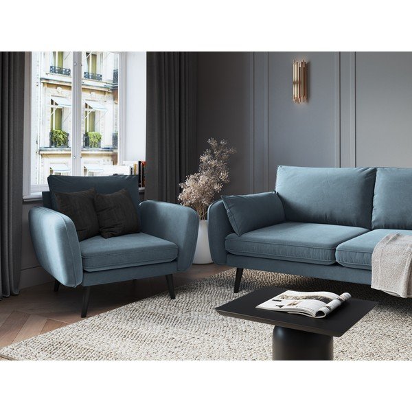 Jasnoniebieski aksamitny fotel z czarnymi nogami Kooko Home Lento-image-1