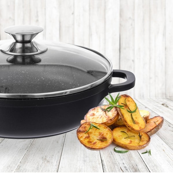 Niski garnek z powierzchnią nieprzywierającą Pfluon Granit i szklaną pokrywką Orion Grande, ⌀ 24 cm-image-1