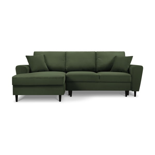 Zielony sztruksowy rozkładany narożnik ze schowkiem (lewostronny/z szezlongiem) Kyoto – Cosmopolitan Design