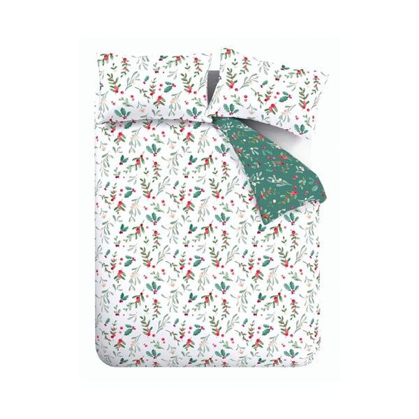 Biało-zielona flanelowa pościel dwuosobowa 230x220 cm Holly and Mistletoe – Catherine Lansfield