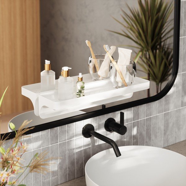 Biała samoprzylepna półka łazienkowa z plastiku z recyklingu Flex Adhesive – Umbra-image-1