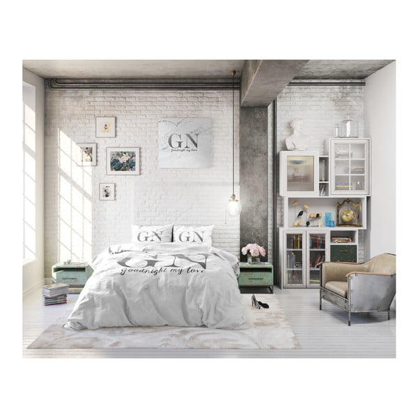 Dwuosobowa pościel bawełniana ze srebrnym napisem Sleeptime Good Night, 240x220 cm-image-1