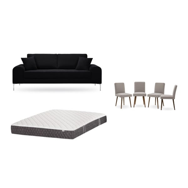 Zestaw 3-osobowej czarnej sofy, 4 szarobrązowych krzeseł i materaca 160x200 cm Home Essentials