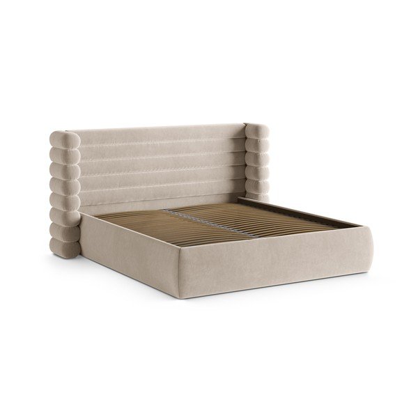 Beżowe tapicerowane łóżko dwuosobowe ze schowkiem i stelażem 200x200 cm Mount – Micadoni -image-3
