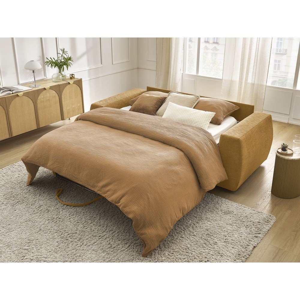 Musztardowa rozkładana sofa do spania z tkaniny szenilowej 220 cm Hugo – Bobochic Paris (zdjęcie 4)