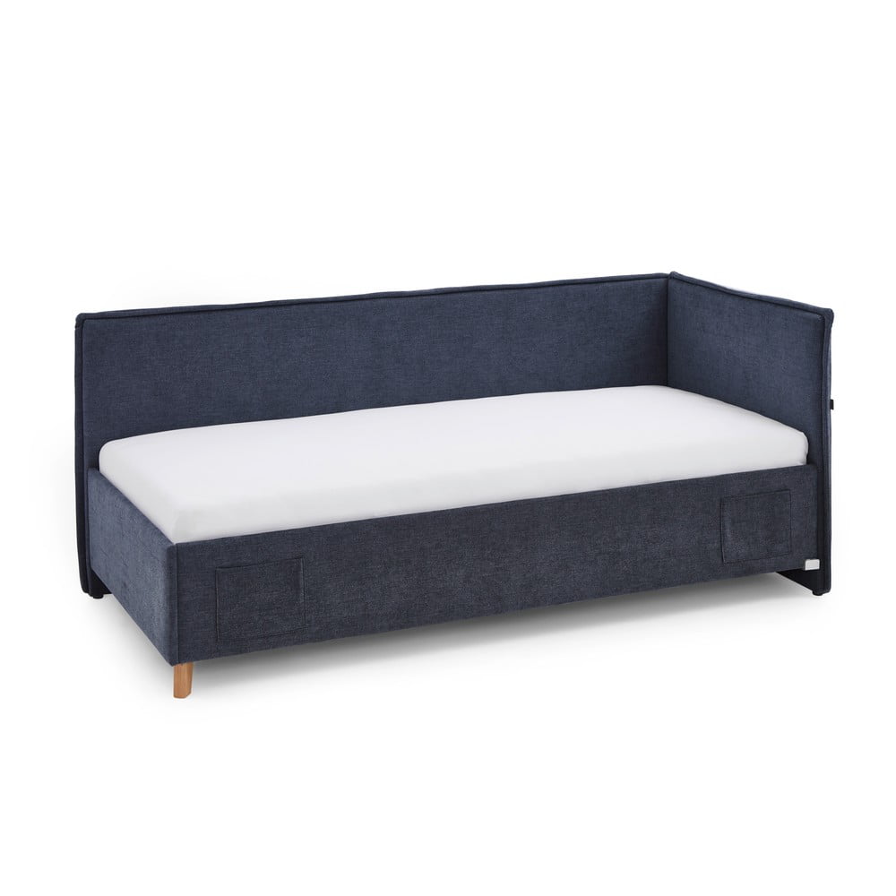 Ciemnoniebieskie tapicerowane narożne łóżko dziecięce ze schowkiem ze stelażem 90x200 cm Fun – Meise Möbel