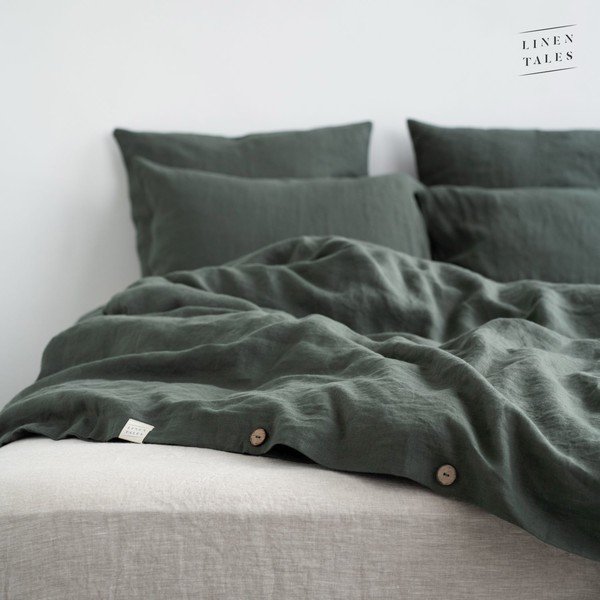 Ciemnozielona lniana poszwa na kołdrę jednoosobowa 140x220 cm Forest Green  – Linen Tales-image-4
