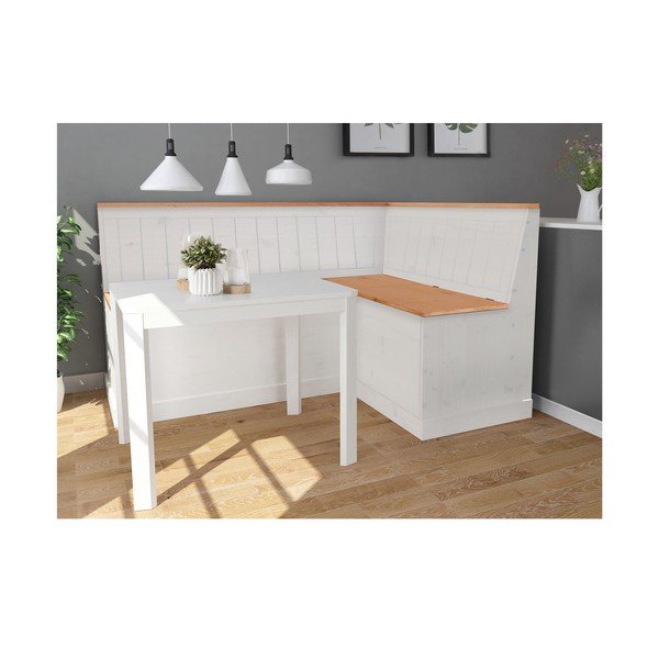 Biała regulowana ławka narożna z drewna sosnowego ze schowkiem Støraa Silas-image-3