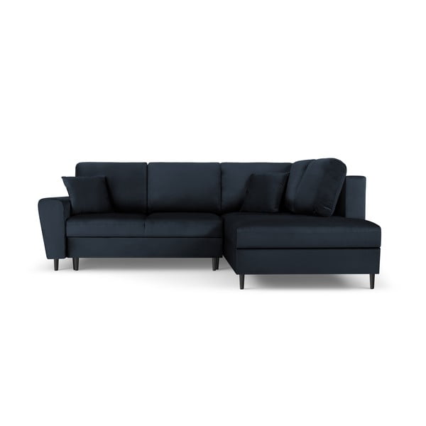 Ciemnoniebieski aksamitny rozkładany narożnik ze schowkiem (prawostronny/w kształcie litery L) Kyoto – Cosmopolitan Design