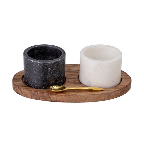 Komplet marmurowej solniczki i piprzniczki z drewnianą podkładką i łyżeczką Bloomingville Florio-image-2