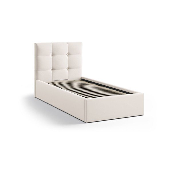 Kremowe tapicerowane łóżko jednoosobowe ze schowkiem i stelażem 90x200 cm Phaedra – Micadoni -image-2
